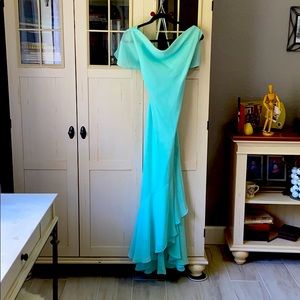 Aqua flowing dress, drape neck, hangs low in back